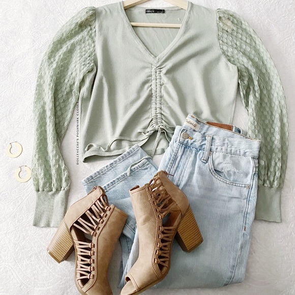 Sage Green Drawstring Sweater with Sheer Sleeves - Picture 2 of 9